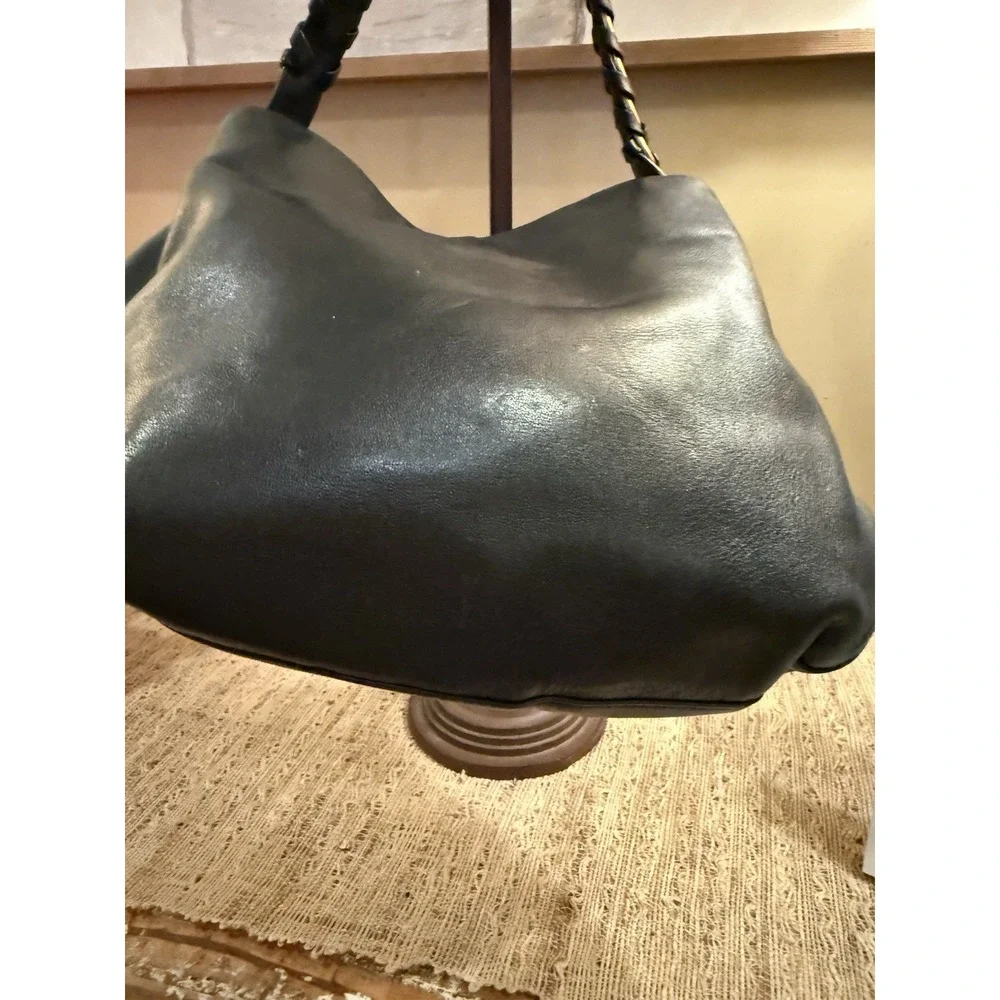 Tory Burch Brooke Minimalist Hobo‎ Bag Black Leather Gold Braided Handle 598$
